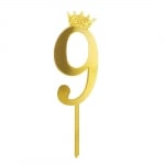 Златен топер цифра 9, с коронка, акрил, 11 см