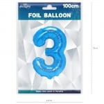 Фолиев балон цифра 3, син металик, 100 см