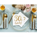 Бели салфетки за 30-и рожден ден, 30 години, злато металик, 20 броя