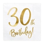 Бели салфетки за 30-и рожден ден, 30 години, злато металик, 20 броя