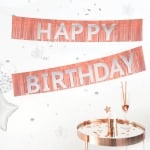 Банер за рожден ден сребърни букви, розово злато ресни