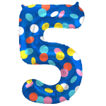 Син фолиев балон цифра 5, цветни точки, 100 см