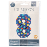Син фолиев балон цифра 8, цветни точки, 100 см