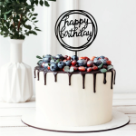 Топер за торта, черен надпис Happy Birthday в кръг, 11 х 17 см
