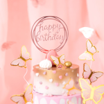 Топер надпис Happy birthday розово злато в кръг, 11 х 17 см