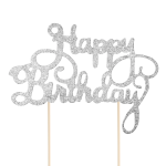 Топер Happy birthday с брокат, сребърен, 14 х 22.5 см