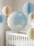 Син фолиев балон Welcome baby с луна и гълъб, кръг 45 см