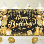 Винил, фон за декорация Happy Birthday в черно и златно, 125 х 80 см