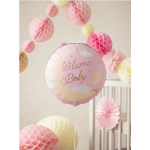 Розов фолиев балон Welcome baby с луна и гълъб, кръг 45 см