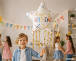 Фолиев балон звезда Happy Birthday с висящи звездички 56 х 85 см
