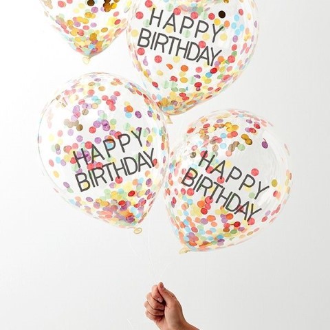 Прозрачни Балони с Надпис Happy Birthday, пълни с Разноцветни и златни конфети - 5 броя