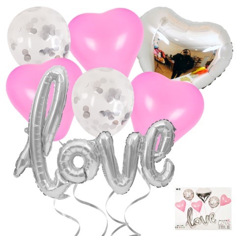 Комплект балони с надпис LOVE в сребро и розово, 7 броя