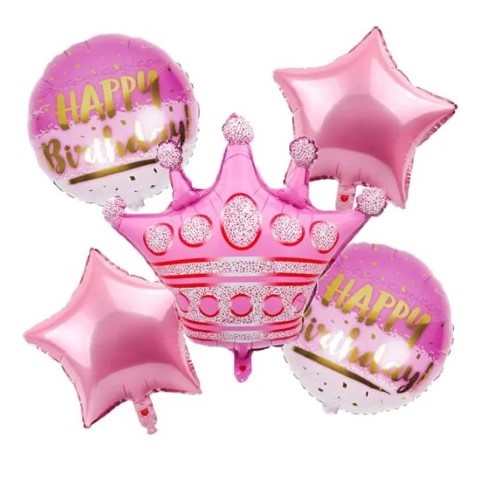 Комплект фолиеви балони корона за рожден ден момиче "Happy Birthday", 5 броя