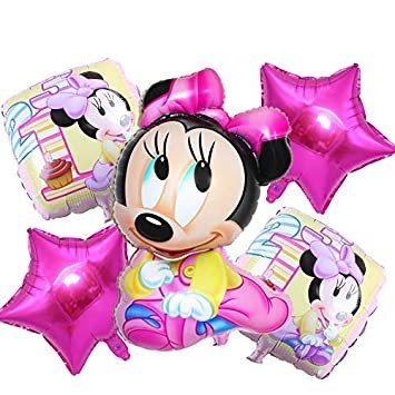 Комплект фолиеви балони Мини Маус бебе за рожден ден-яркорозови звезди, 5 броя