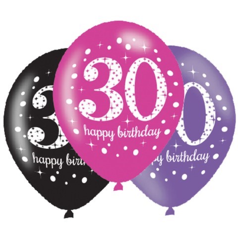 Балони за 30-и рожден ден в черно и розово, 6 броя