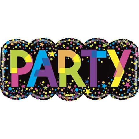 Черен фолиев балон с разноцветен надпис Party, 97 см