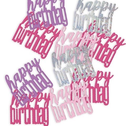 Конфети надпис Happy Birthday за рожден ден в розово, лилаво и сребристо