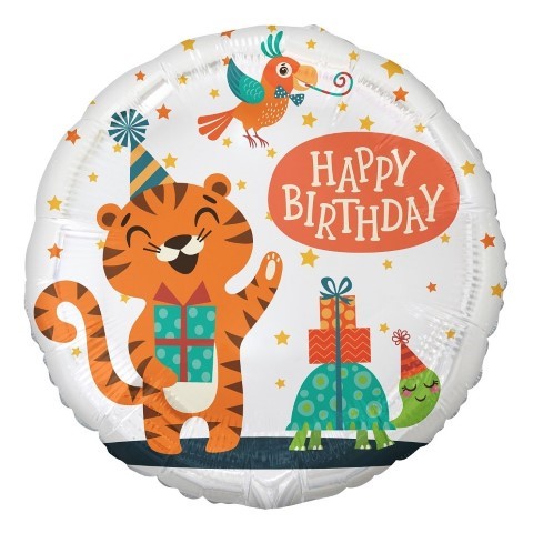Балон за рожден ден с тигър и други животни с подаръци, кръг 43 см