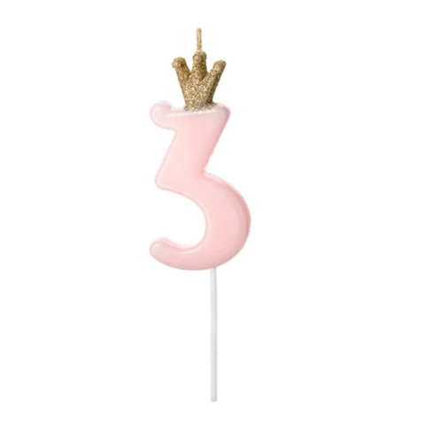 Розова свещ за торта цифра 3, с коронка, 9.5 см